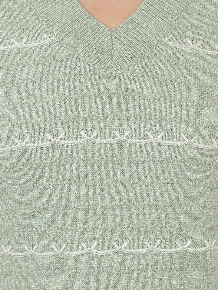 Green Striped V-Neck Acrylic Sweater