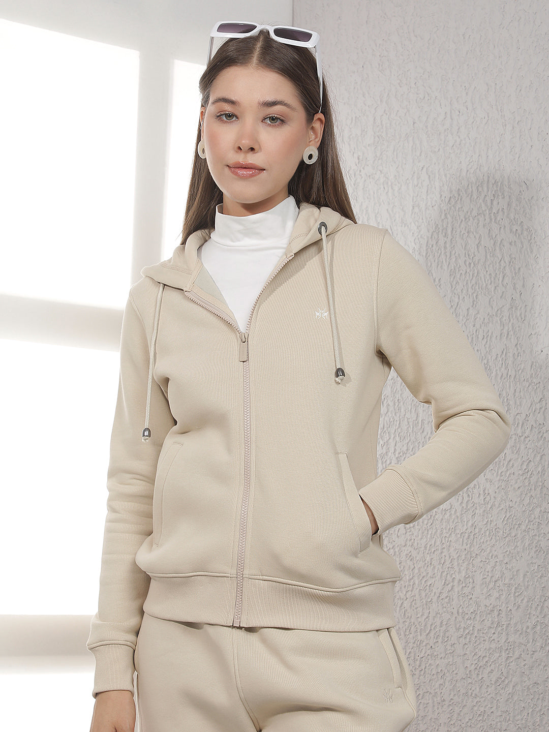 Beige Hooded Front-Open Sweatshirt