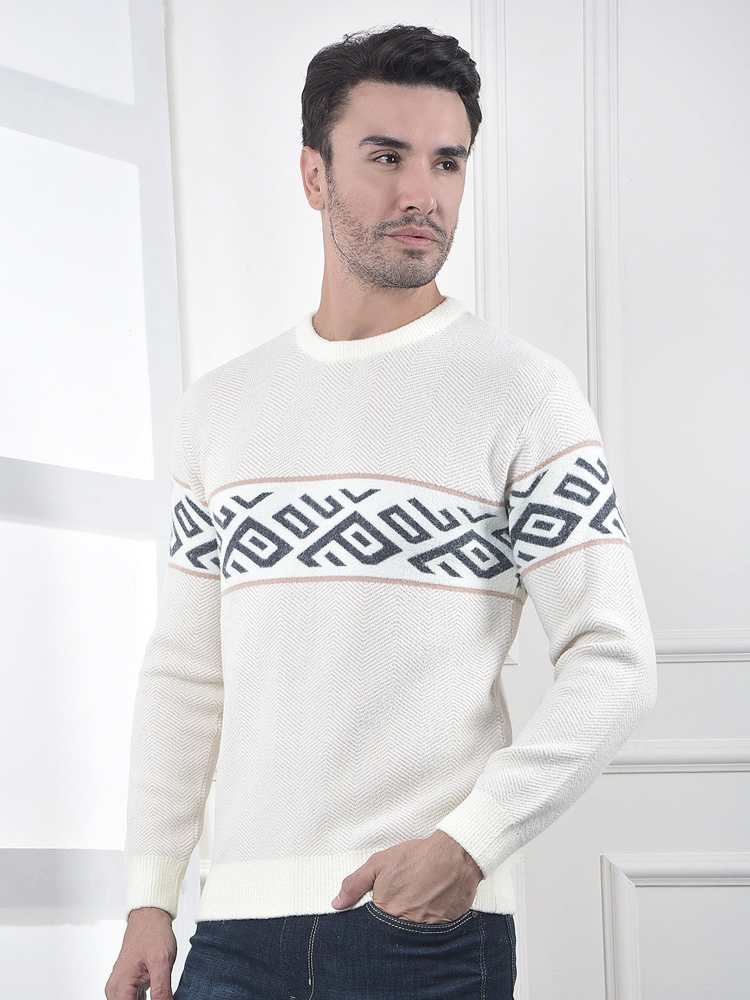 Cream Geometric Printed Pullover Sweater