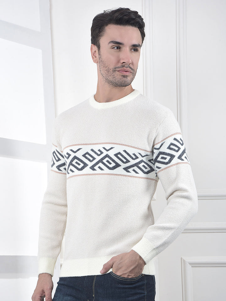 Cream Geometric Printed Pullover Sweater