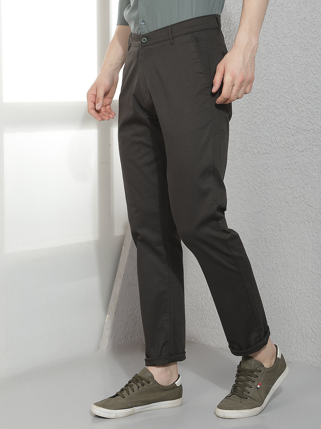 Midnightflex Slim Dobby Olive Trousers-Men Trousers-Crimsoune Club