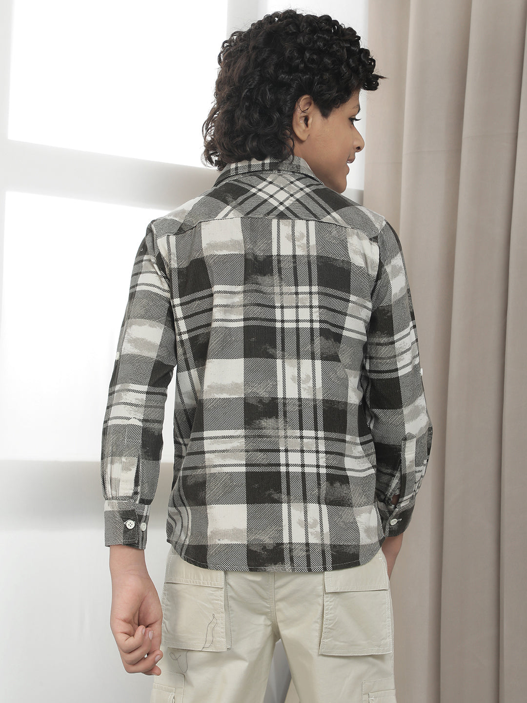 Grey Checked 100% Cotton Corduroy Shirt