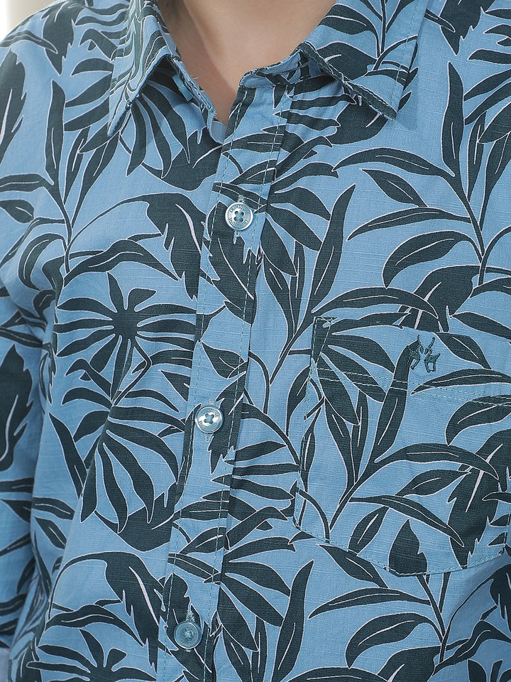 Teal Blue Tropical Print Shirt