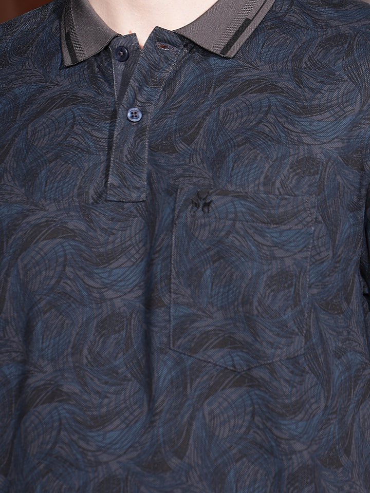 Navy Blue Printed Polo Neck T-Shirt