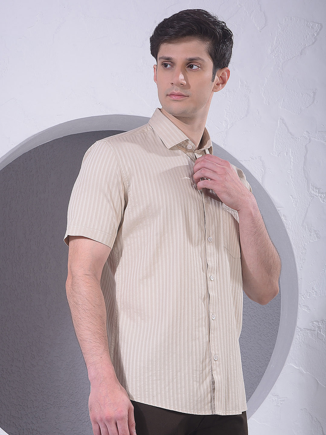 Beige Vertical Stripes 100% Cotton Shirt