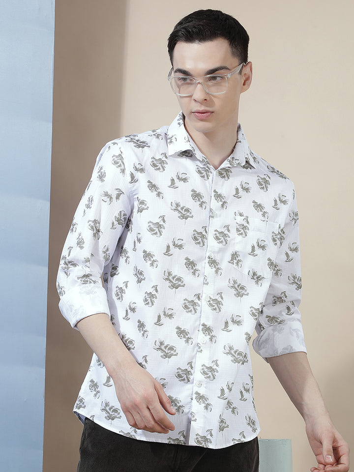 White Floral Print 100% Cotton Shirt