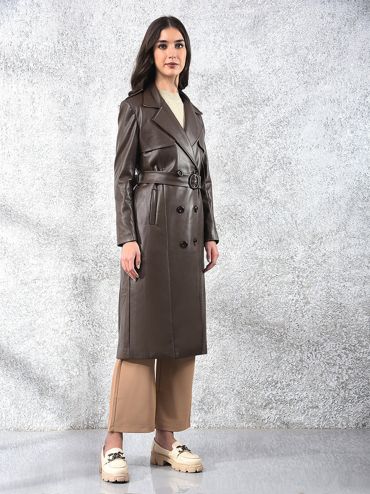 Brown Notched Lapel Leather Overcoat With Belt