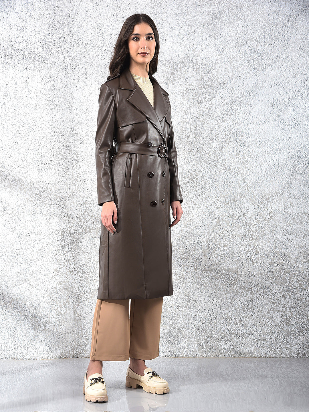 Brown Notched Lapel Leather Overcoat With Belt