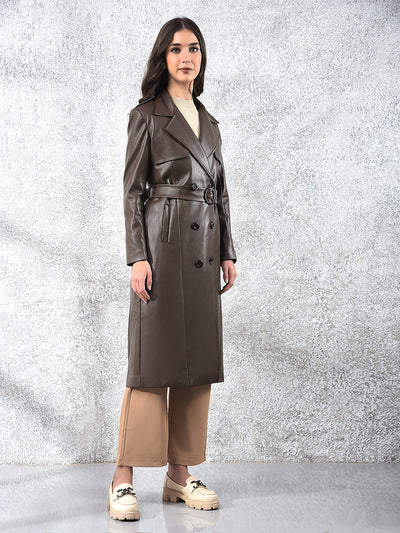 Brown Notched Lapel Leather Overcoat With Belt