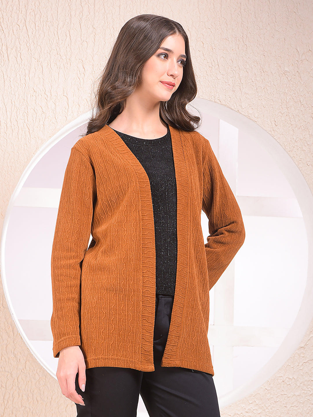 Brown Printed V-Neck Open Front Shrug