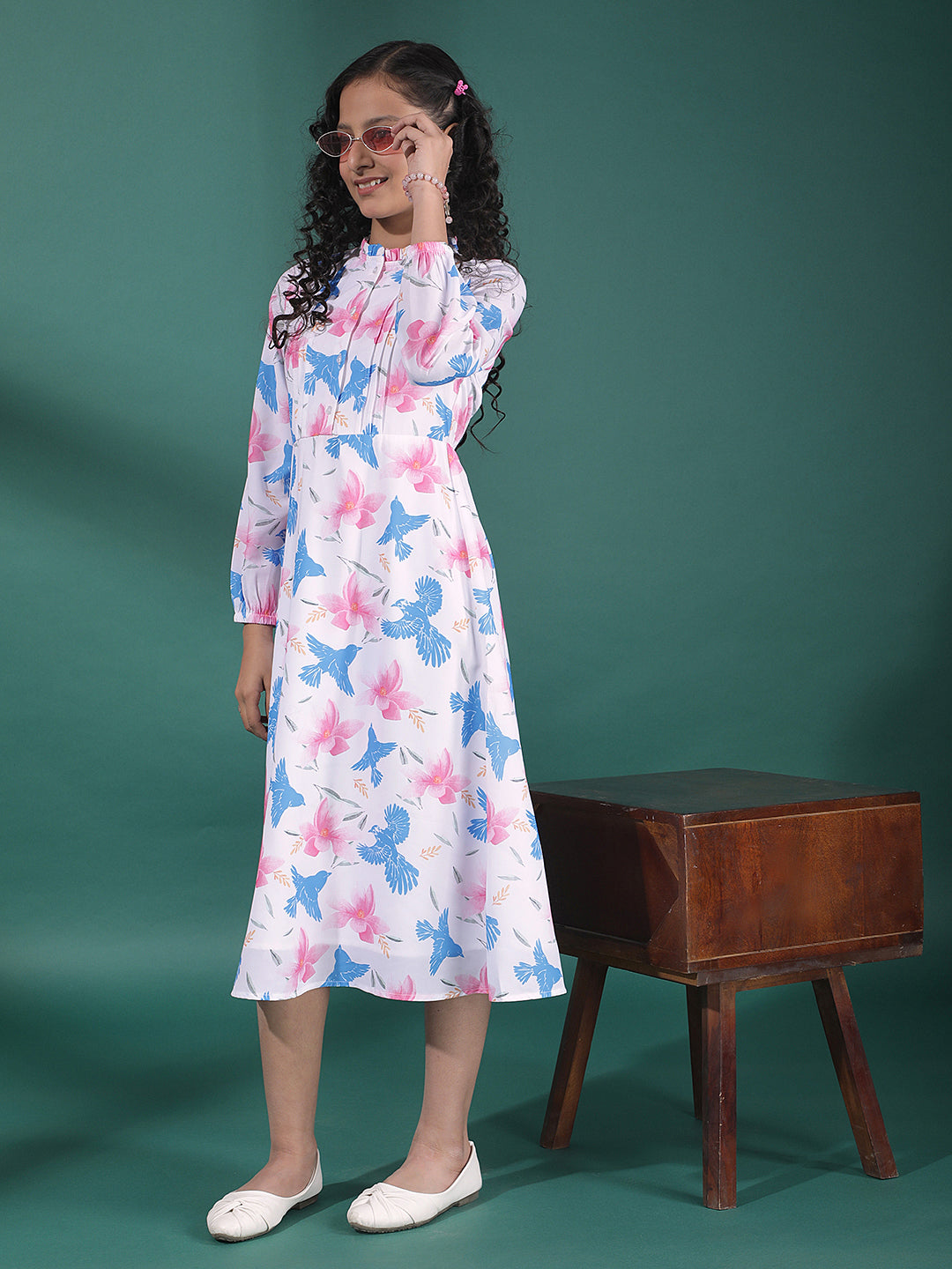 Multi-Color Floral Print A-Line Midi Dress