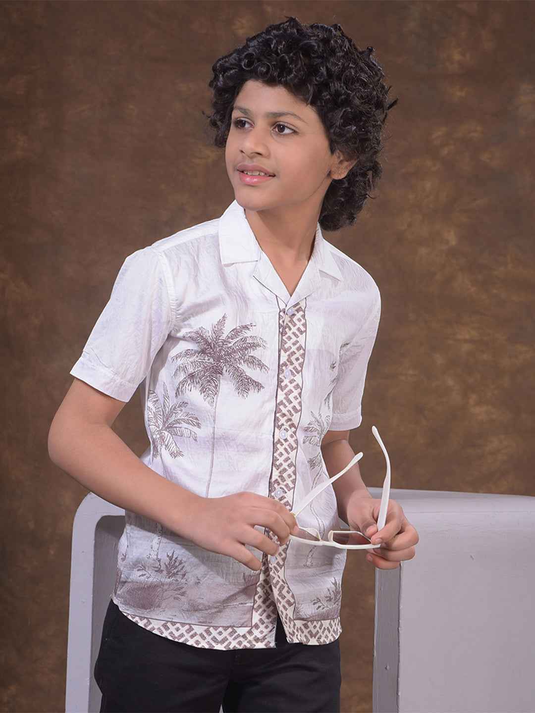 Brown Floral Print Resort-Collar Shirt