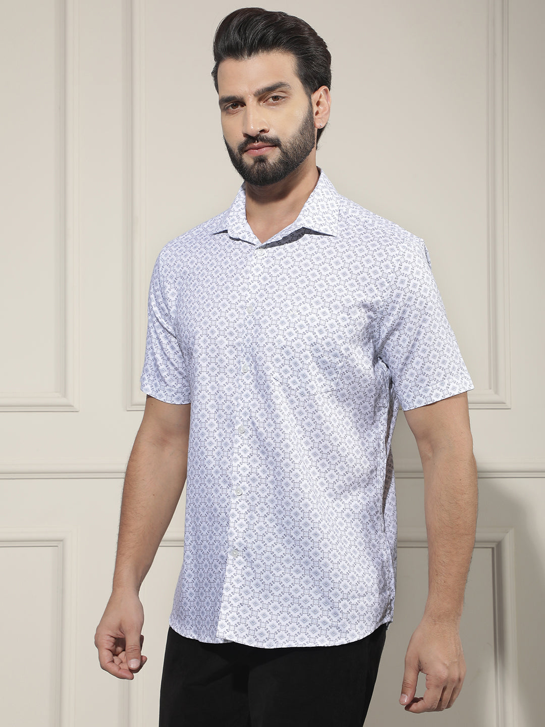 White Geometric Print Shirt