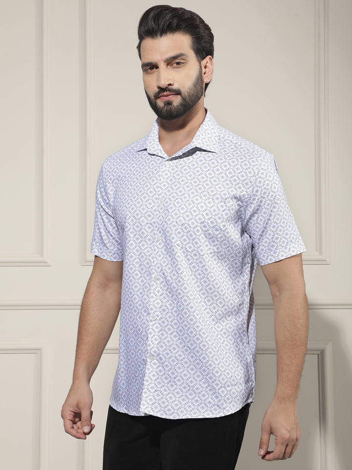 White Geometric Print Shirt