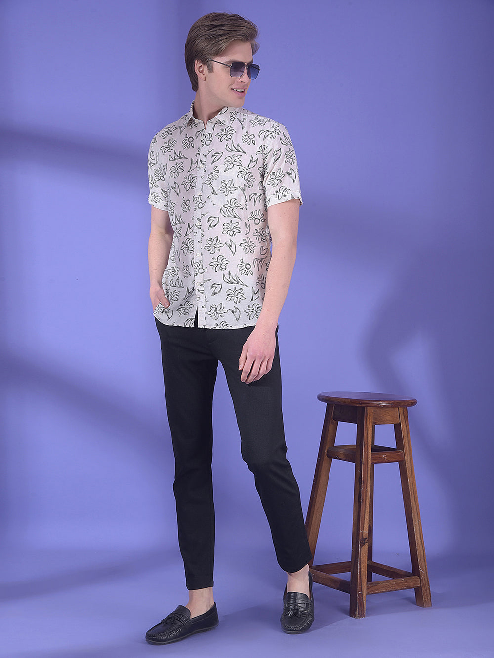 Beige Floral Print Linen Shirt