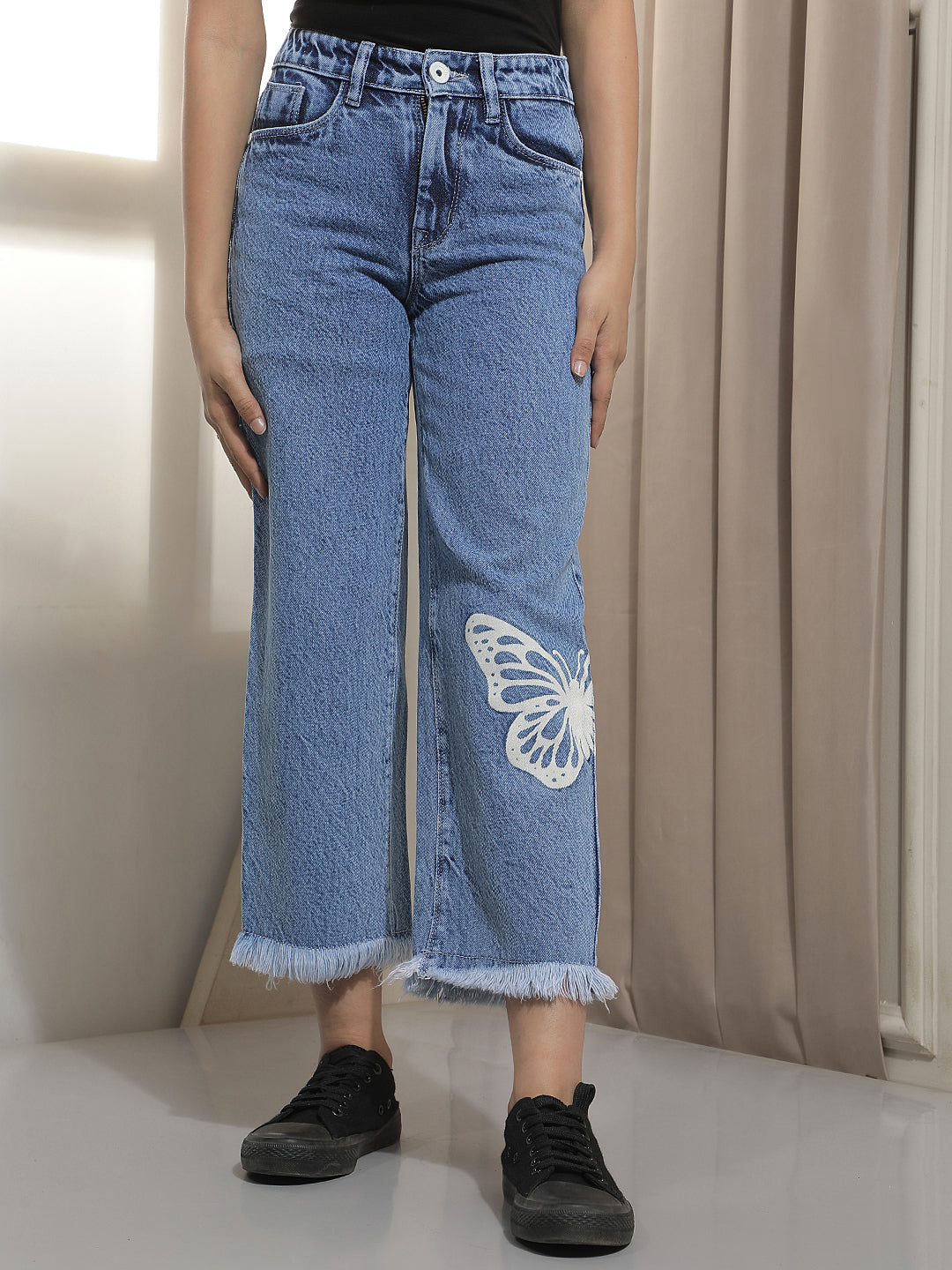 Blue Graphic Print 100% cotton Wide Leg Jeans