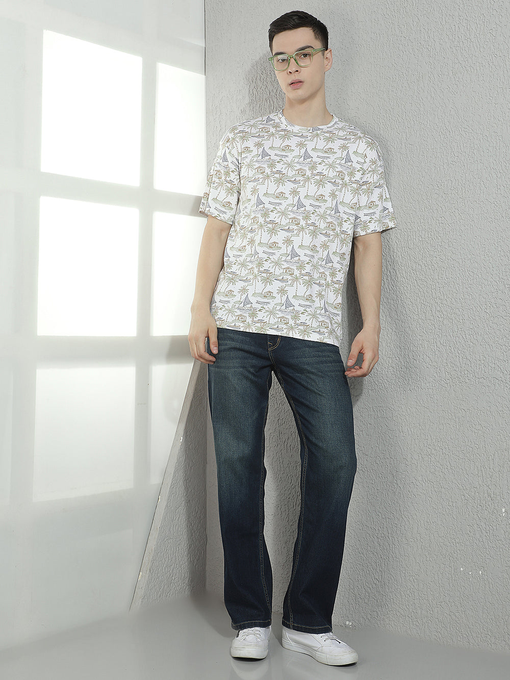 Beige 100% Cotton Botanical Printed T-Shirt