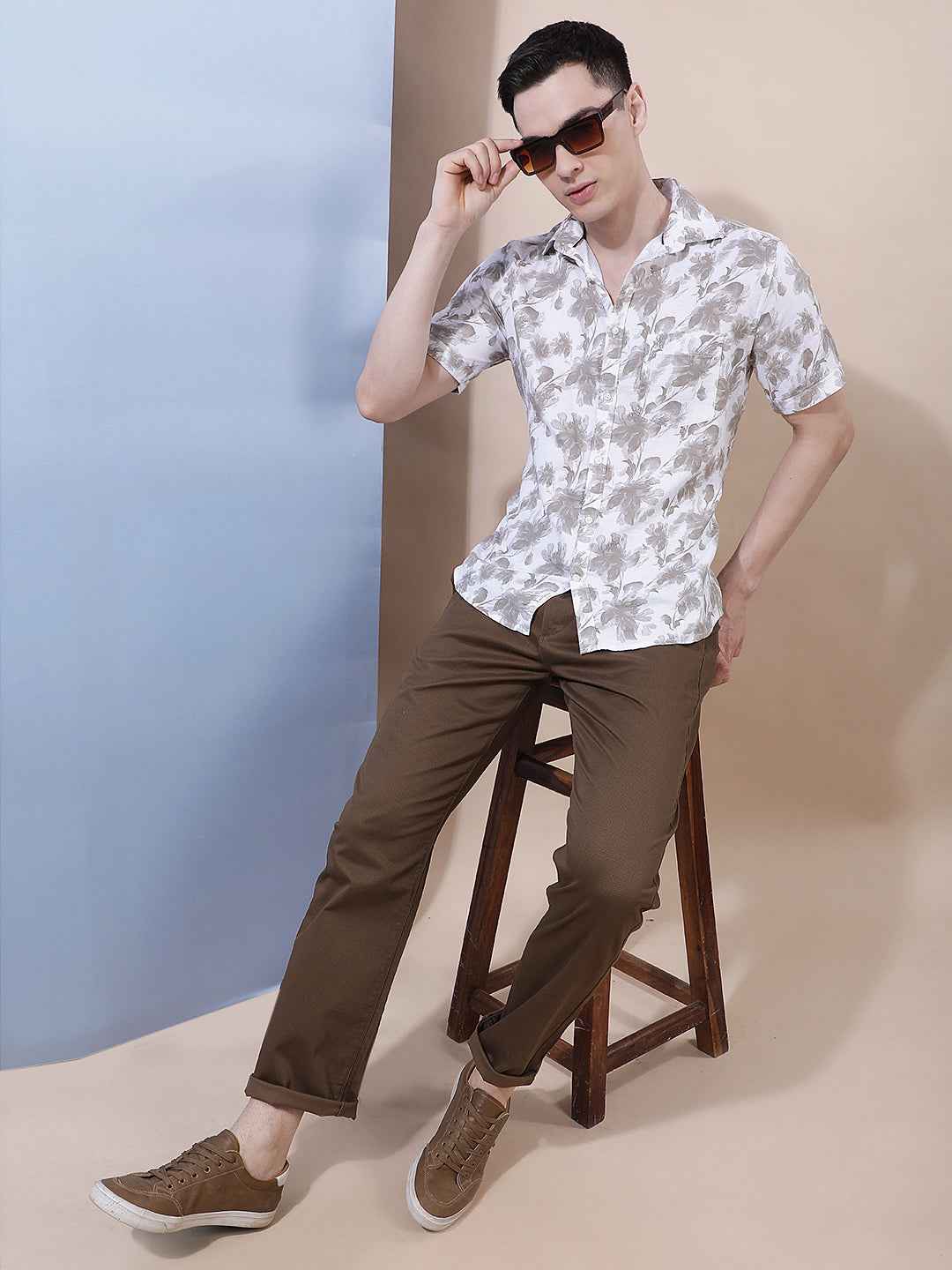 Brown Printed Straight Trousers