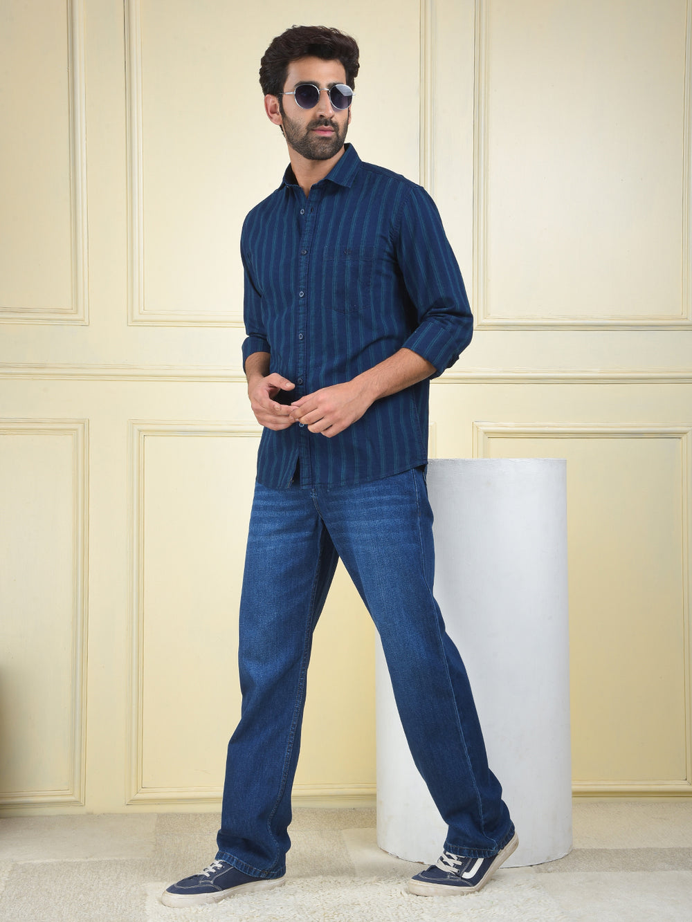 Navy Blue Vertical Stripes 100% Cotton Shirt