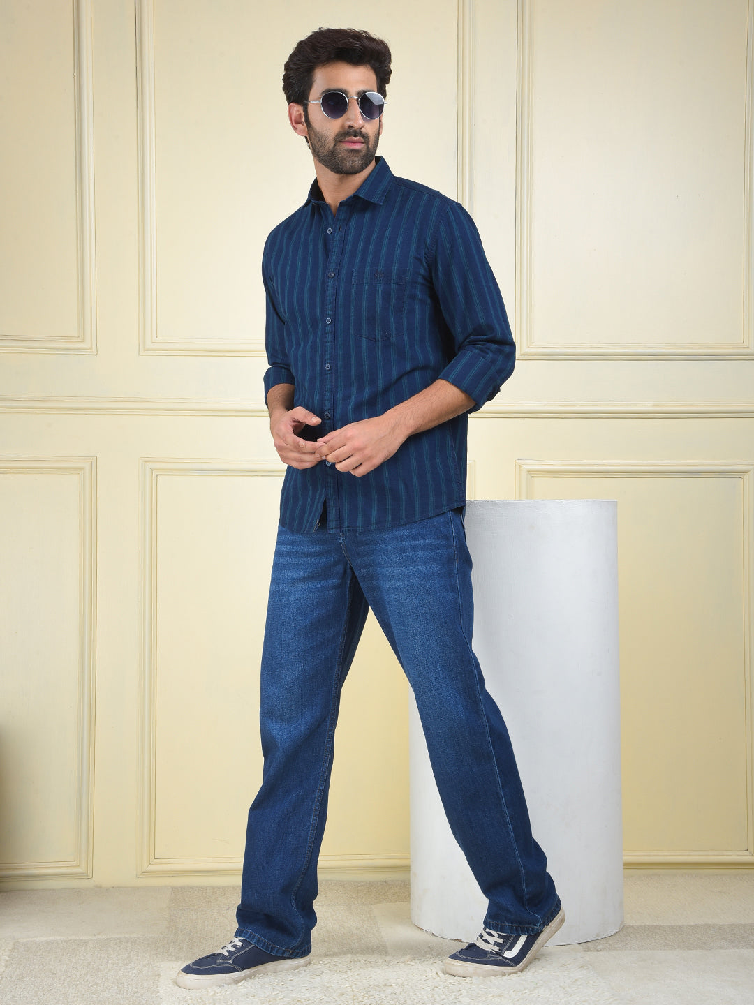 Navy Blue Vertical Stripes 100% Cotton Shirt