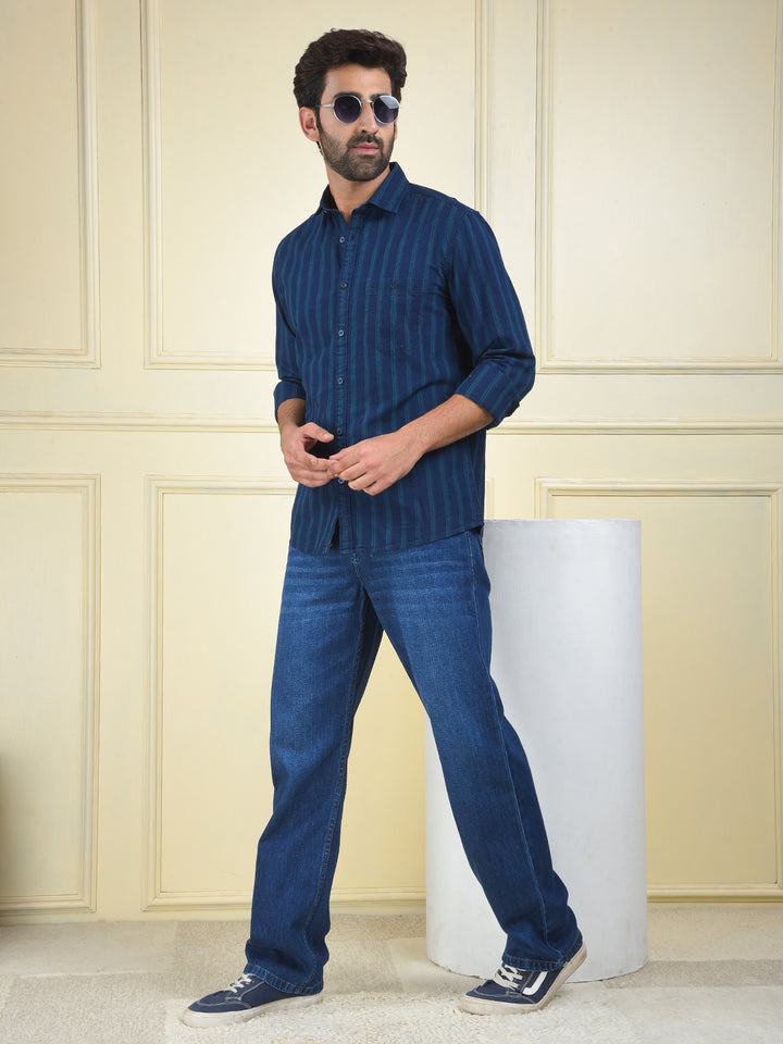 Navy Blue Vertical Stripes 100% Cotton Shirt
