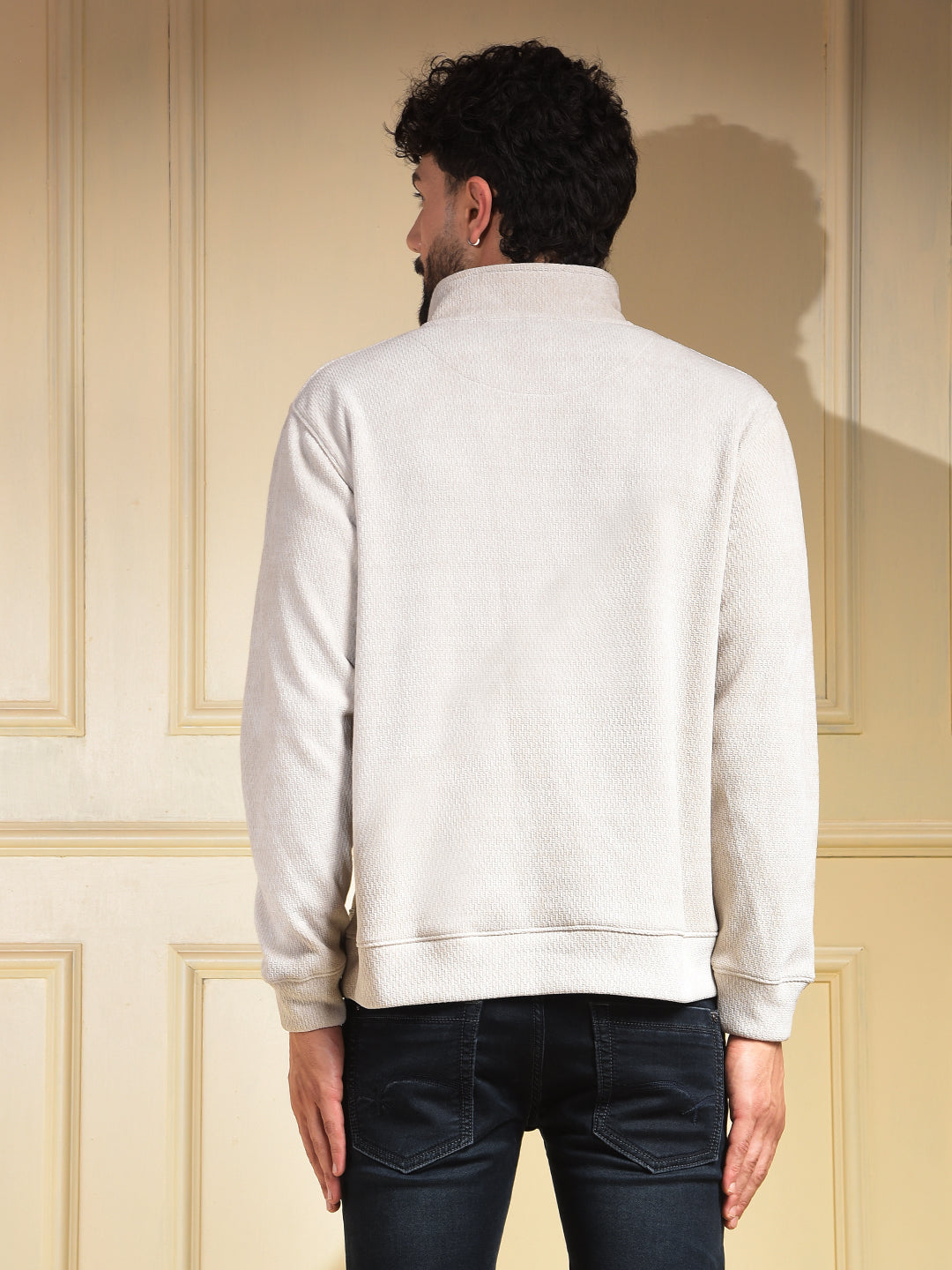 Beige Jacquard Half-Zip High-Neck Sweatshirt