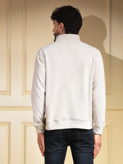 Beige Jacquard Half-Zip High-Neck Sweatshirt