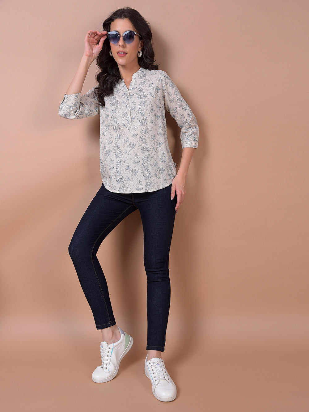Beige Floral Print V-Neck Linen Top