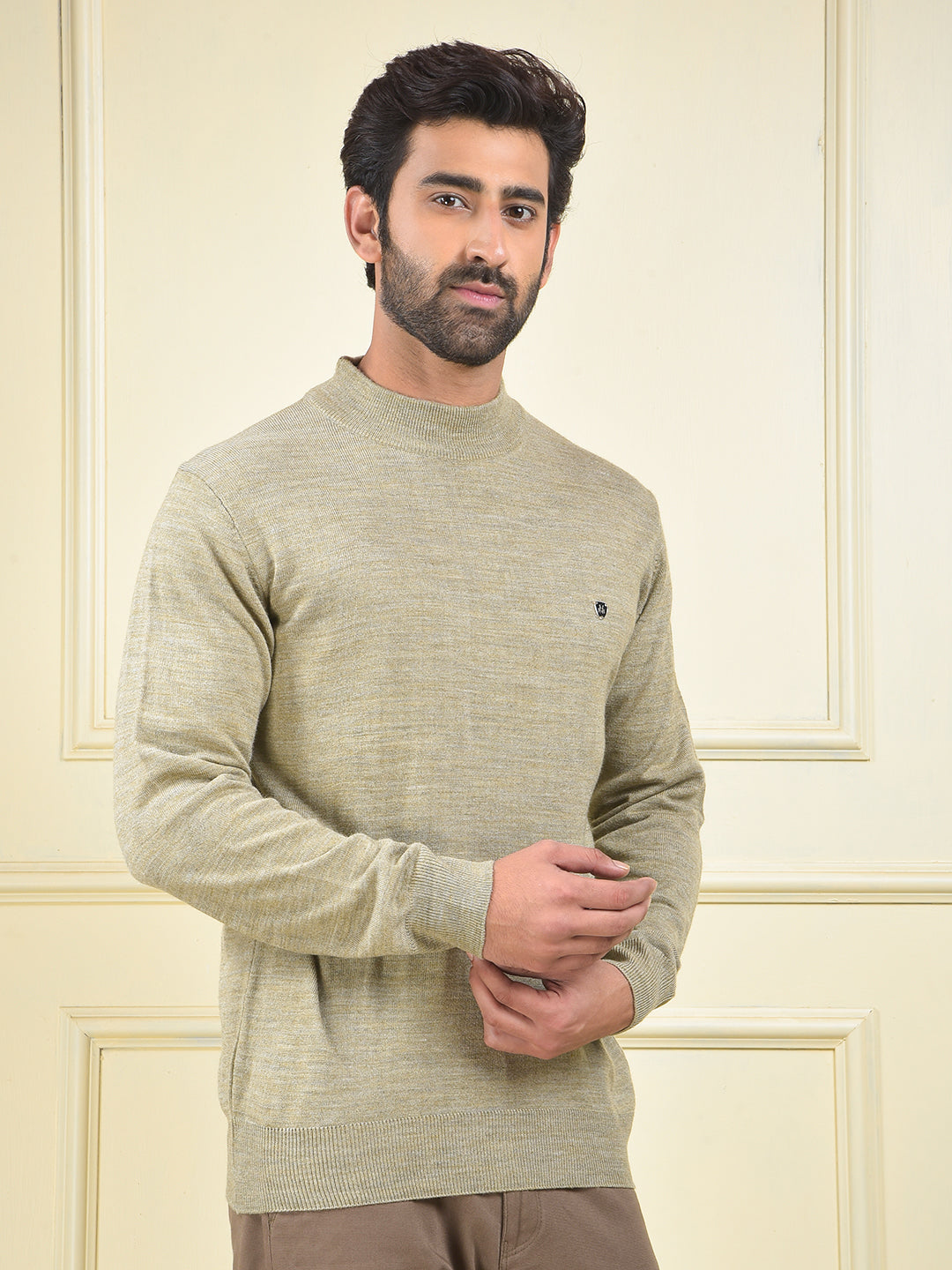 Beige High-Neck Knitted Sweater