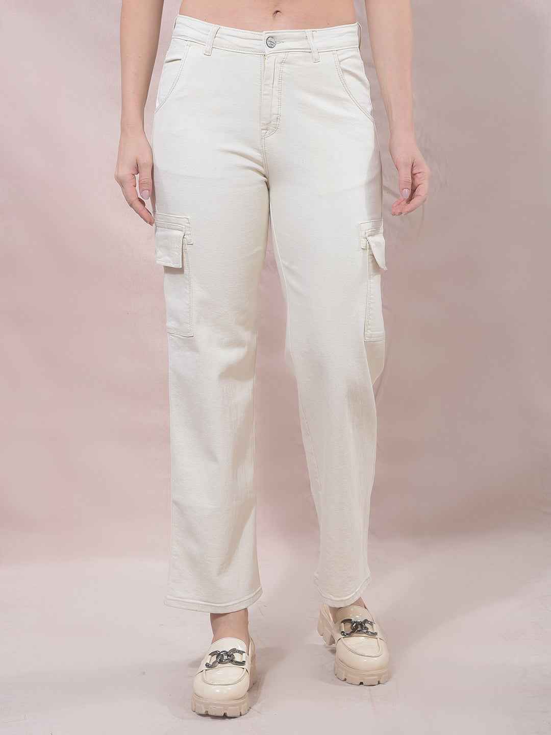 Beige Wide Leg Cargo Jeans