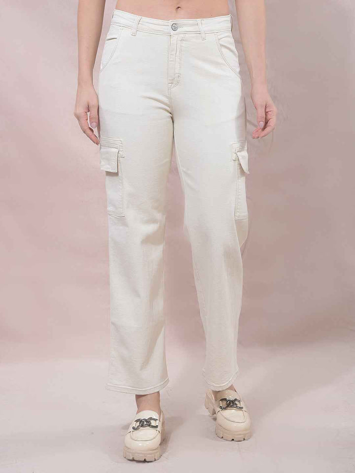 Beige Wide Leg Cargo Jeans