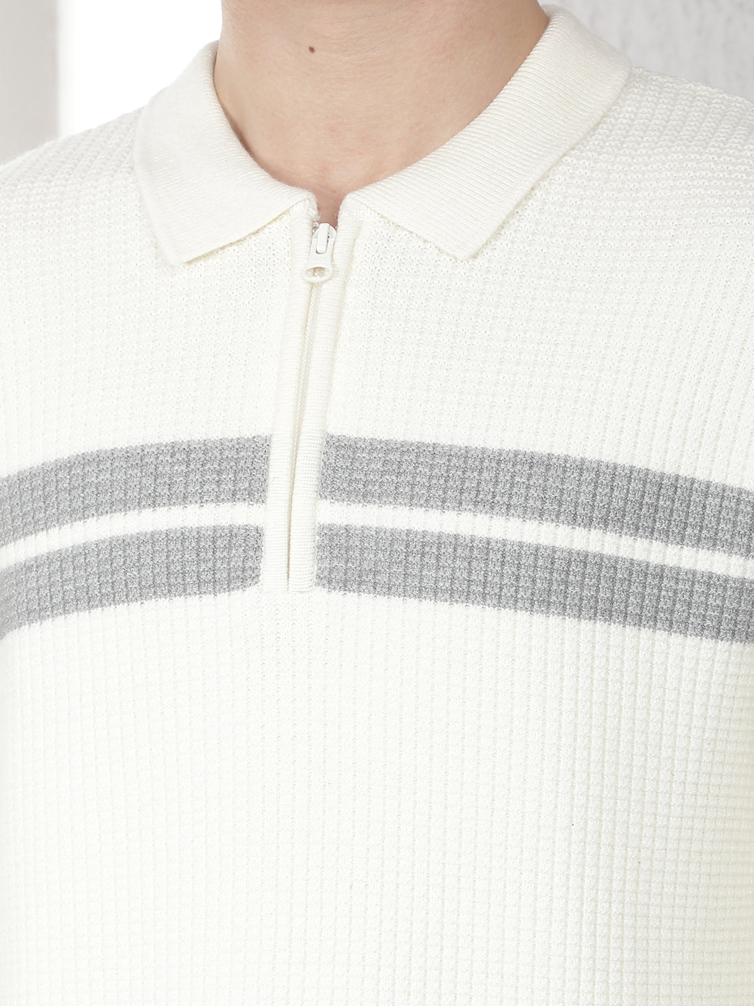Off White Horizontal Stripes Knitted Polo Sweater