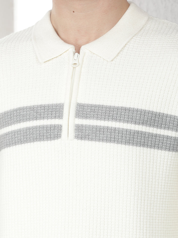 Off White Horizontal Stripes Knitted Polo Sweater