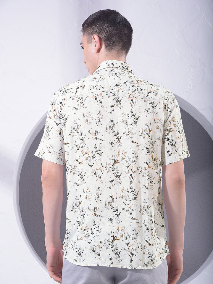 Brown Floral Print Linen Shirt