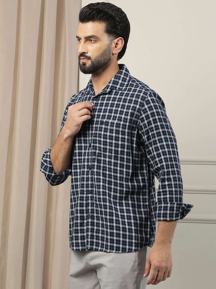 Navy Blue 100% Cotton Checked Shirt