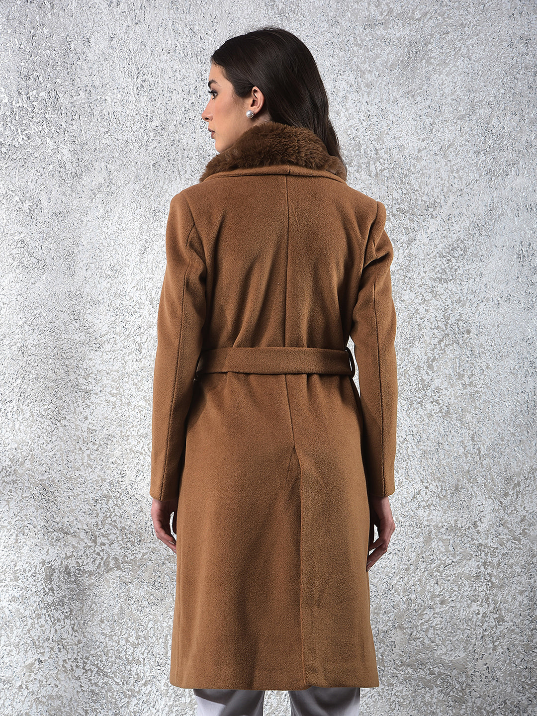 Brown Notched Lapel Overcoat With Belt