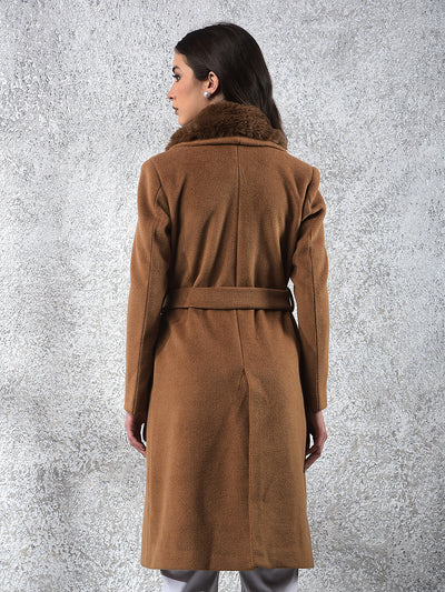 Brown Notched Lapel Overcoat With Belt
