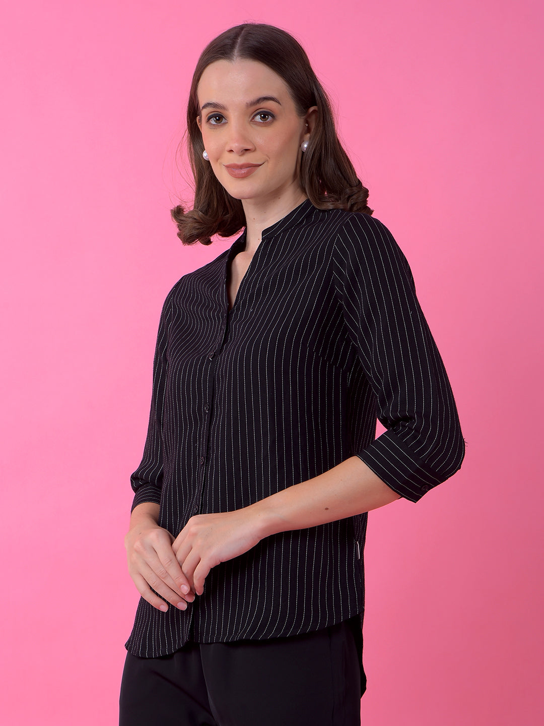 Black Vertical Stripes V-Neck Shirt