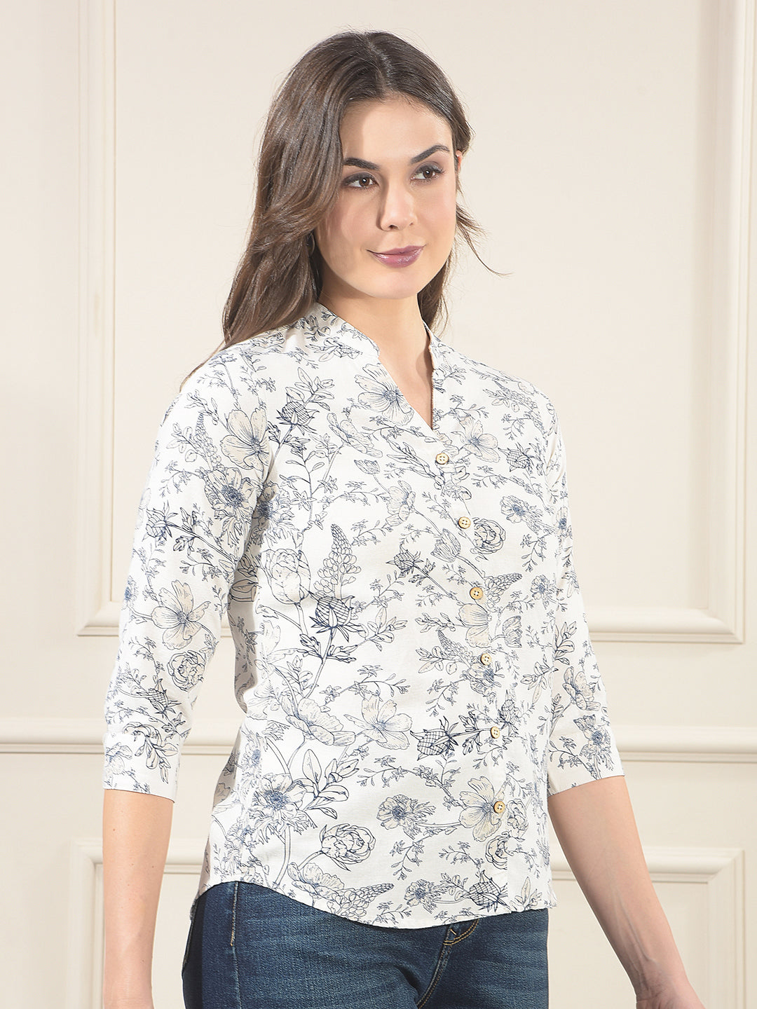 White Floral Print V-Neck Linen Shirt
