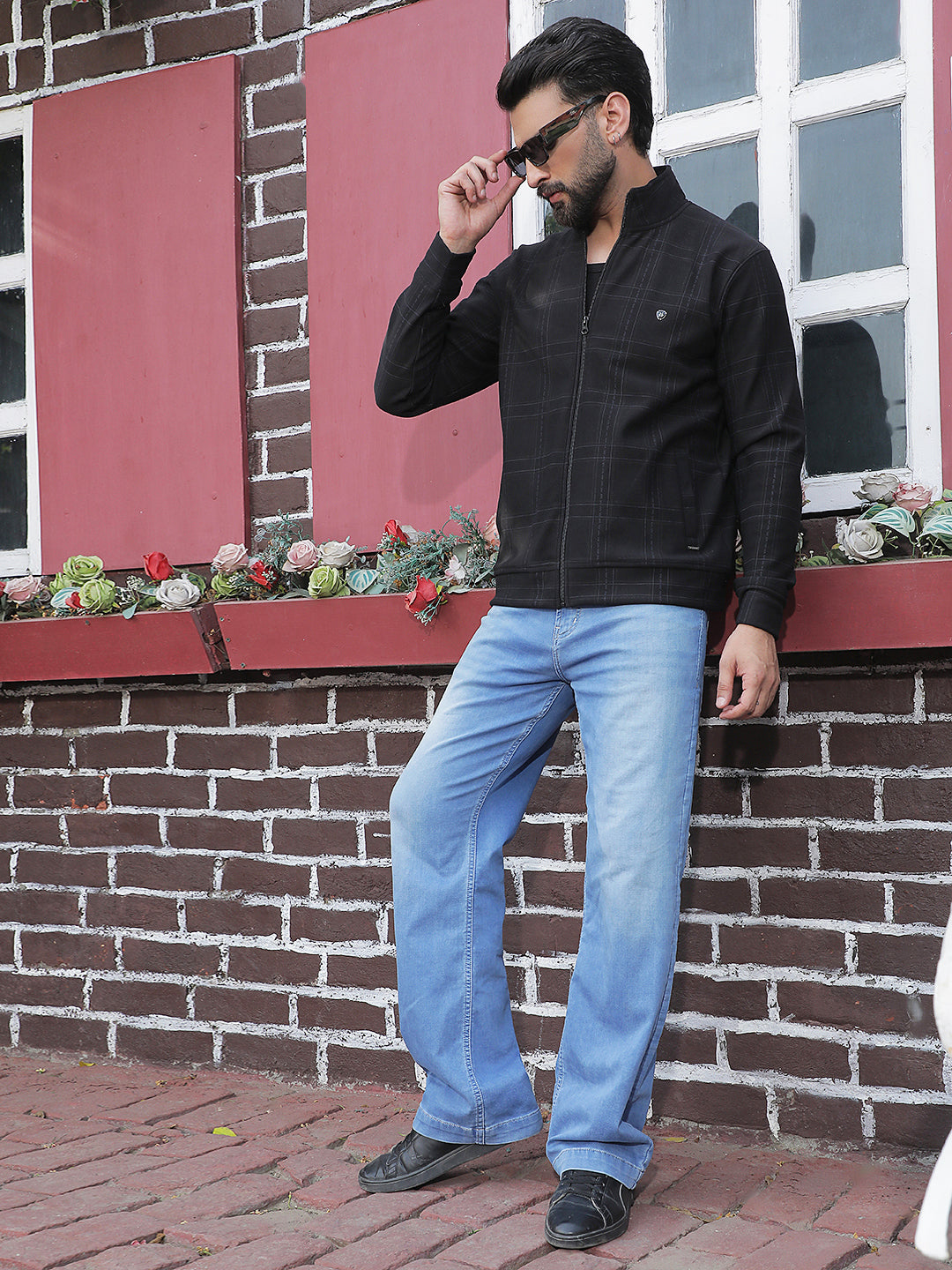Black Checked Front Open Sweatshirt