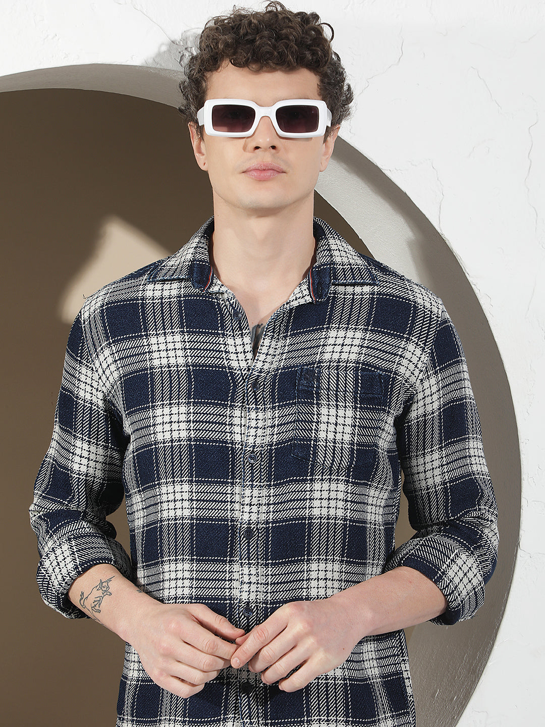 Navy Blue 100% Cotton Checked Shirt