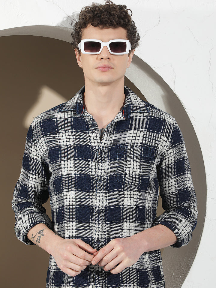 Navy Blue 100% Cotton Checked Shirt