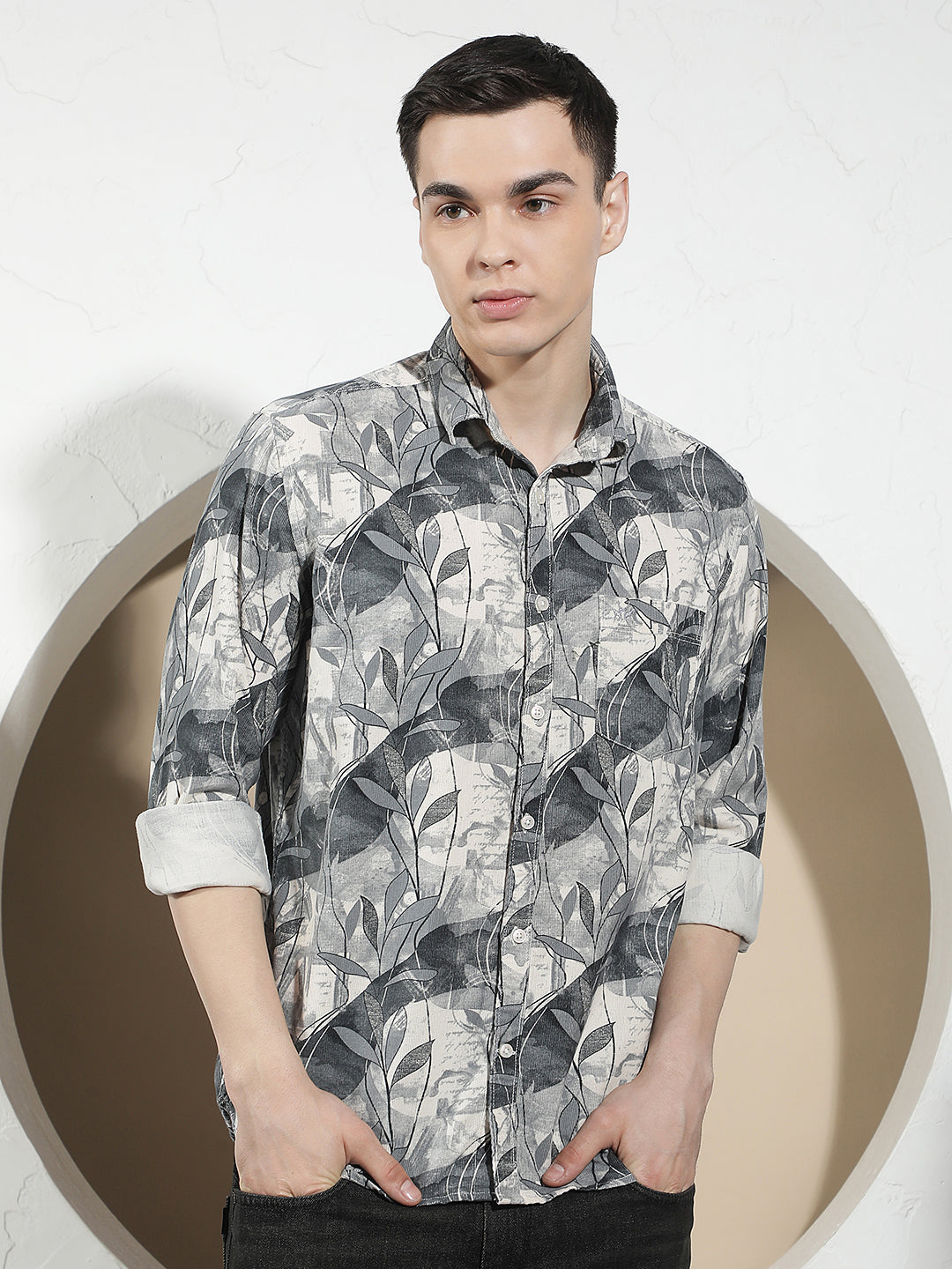 Grey Floral Print 100% Cotton Corduroy Shirt