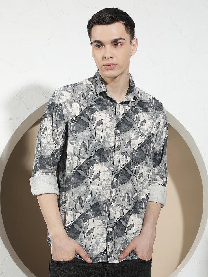 Grey Floral Print 100% Cotton Corduroy Shirt