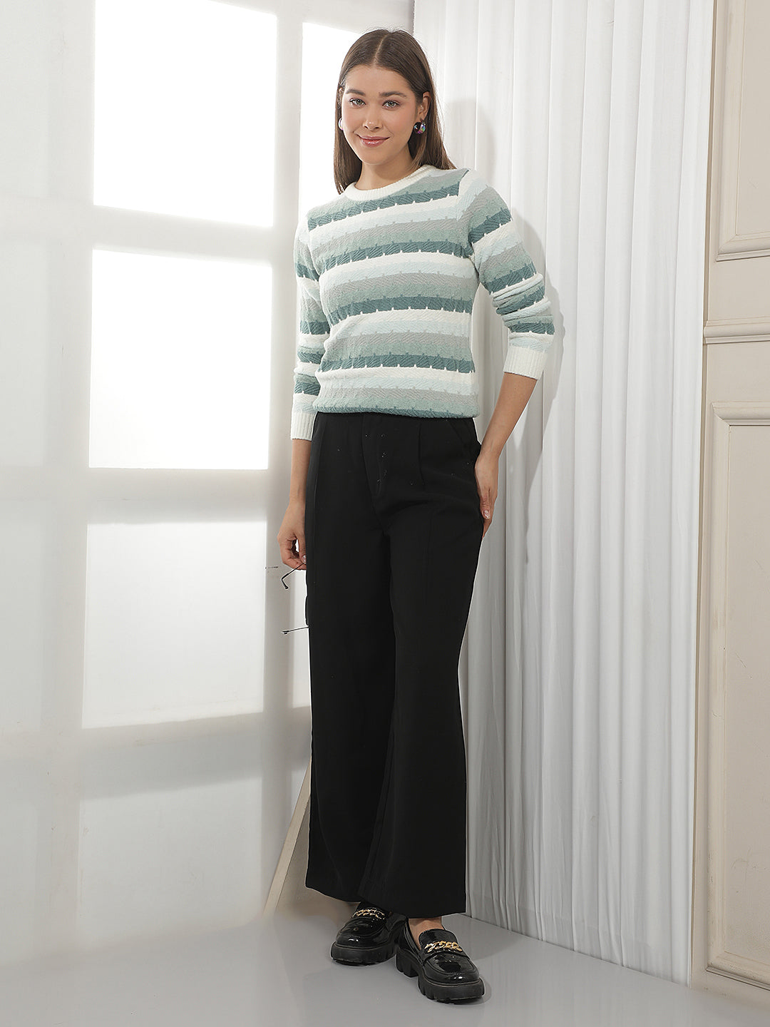 Green Horizontal Stripes Sweater