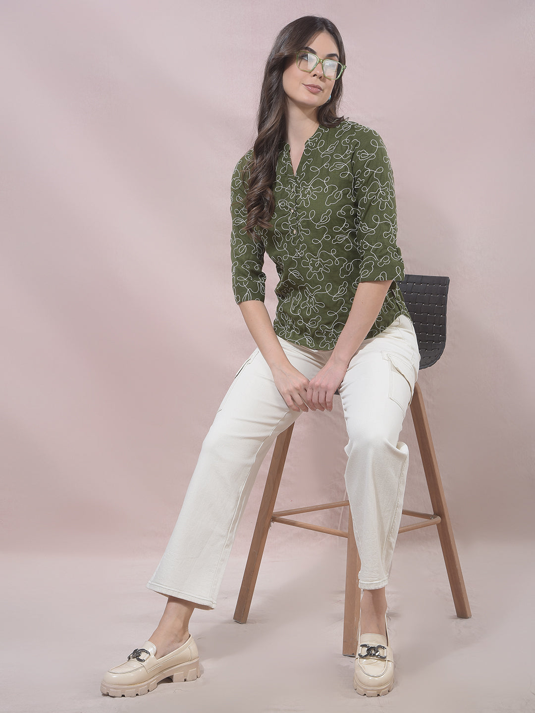 Green Embroidered V-Neck Top