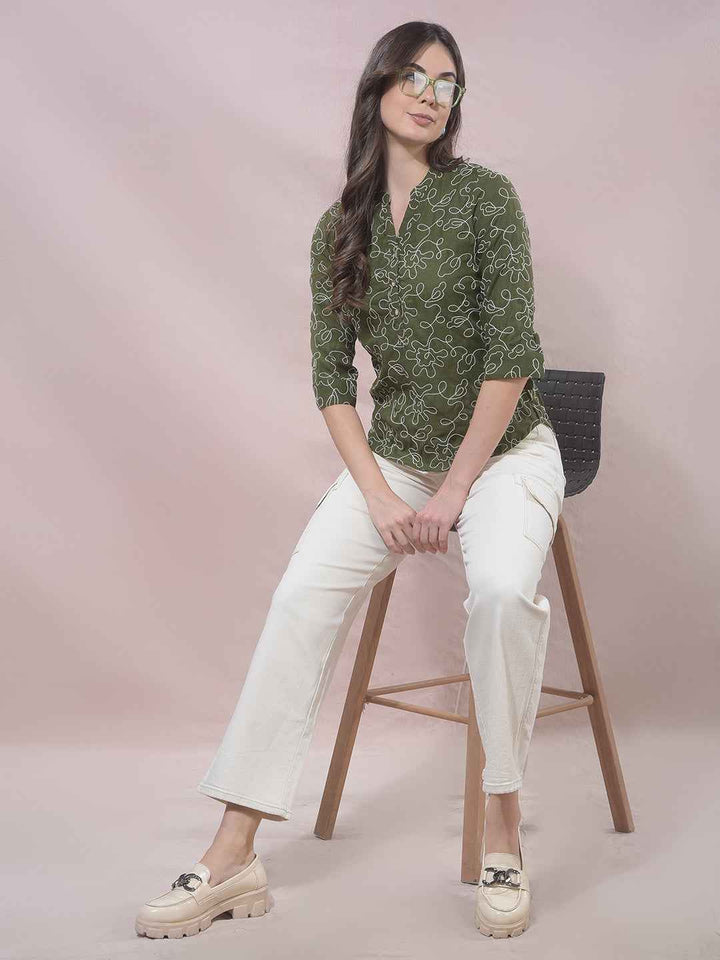 Green Embroidered V-Neck Top