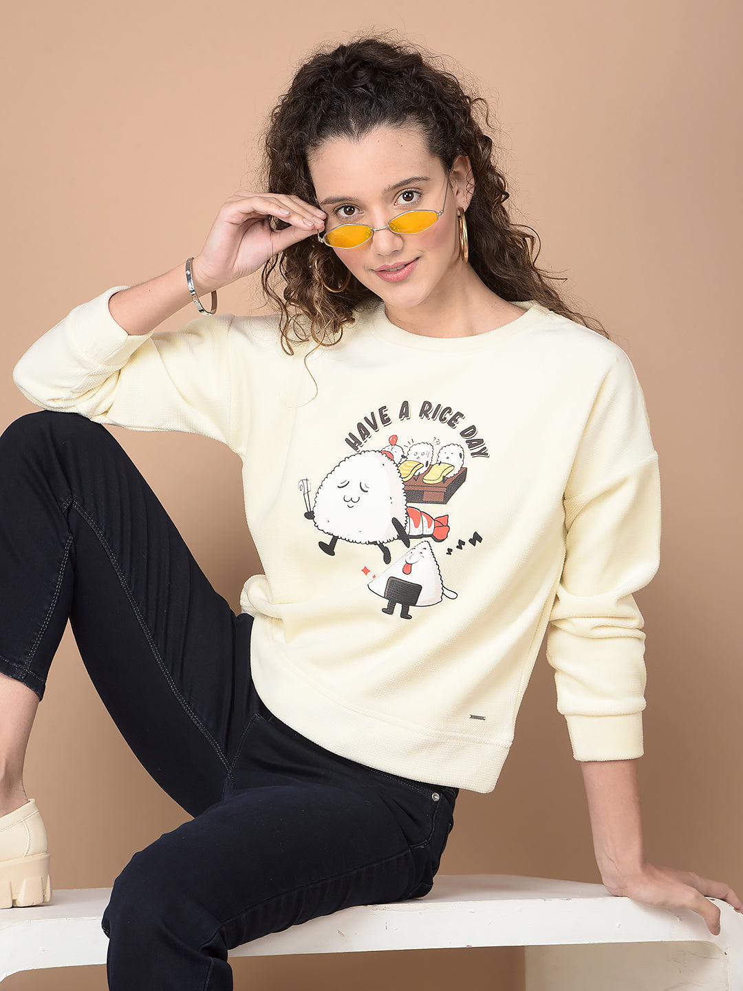 Cream Graphic Print Sweatshirt-Women Sweatshirts-Crimsoune Club