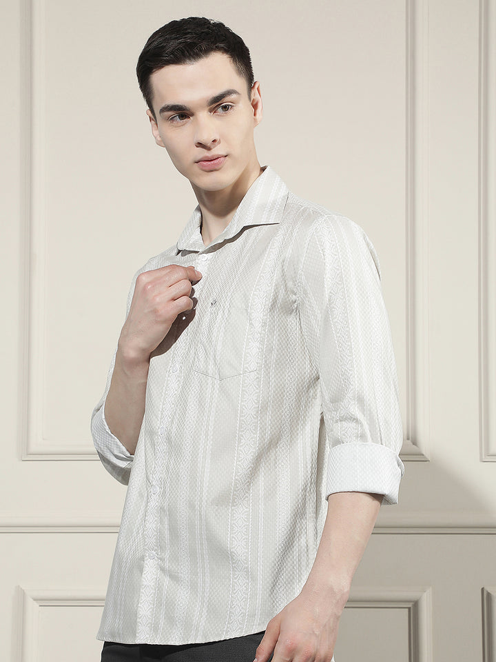 Beige Vertical Striped 100% Cotton Shirt