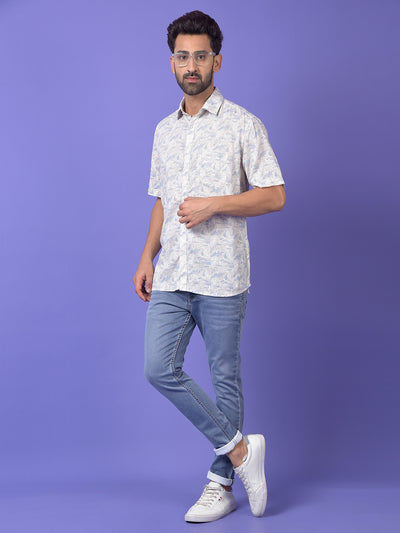 Blue Floral Print Linen Shirt